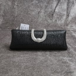 #3 BRAND NEW WITH TAGS BLACK LACQUERED HARD SHELL CRYSTAL HORSESHOE CLASP EVENING CLUTCH BAG