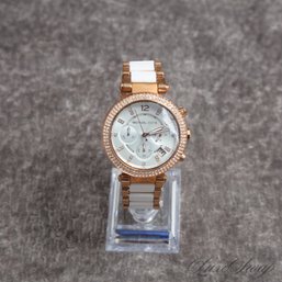 #1 A VERY NICE MICHAEL KORS GOLD TONE AND IVORY INSET CHRONOGRAPH WATCH WITH DIAMOND EFFECT BEZEL