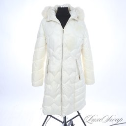 SHOWSTOPPER! GUESS PEARL WHITE QUILTED PADDED PUFFER FAUX FUR COLLAR LONG WINTER COAT WOMENS XL