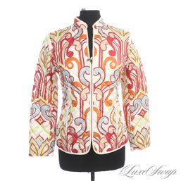 PURE SILK! FANTASTIC J. MCLAUGHLIN RUST / NEON ALLOVER SWIRL PRINT QUILTED LIGHT JACKET S