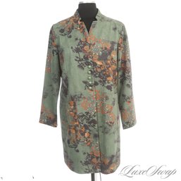 INCREDIBLE BRAND NEW WITH TAGS KEKE COLLECTION GREEN ALLOVER DAMASK JUNGLE FLORAL ULTRASUEDE LONG COAT L