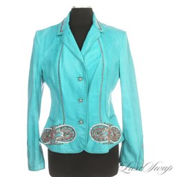 SUPER EXPENSIVE BENEDETTA NOVI TURQUOISE NAPPA MESH PERFORATED LEATHER SOUTHWESTERN BEADED DETAIL JACKET 48 EU