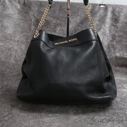 PERFECT DAILY CARRY BAG! MICHAEL KORS SOFT BLACK TUMBLED LEATHER DOUBLE GOLD CHAIN MULTI POCKET BAG