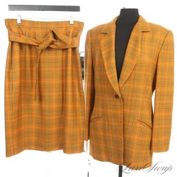 FALLS CLOSE! VINTAGE CARLISLE BOLD AMBER / BUTTERNUT PRINCE OF WALES TWEEED 2 PIECE SKIRT SUIT WITH BELT 12