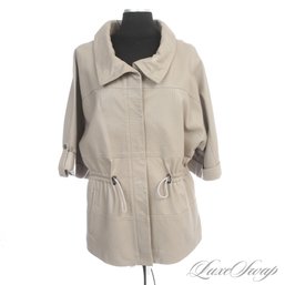 BRAND NEW WITHOUT TAGS FERGUCCI MOCHA GREIGE PERFORATED NAPPA LEATHER CINCHWAIST SHORT SLEEVE COAT 46 EU