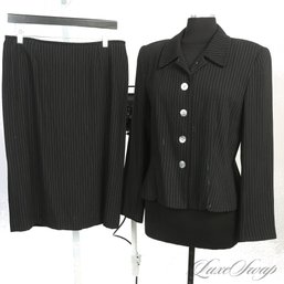 THE BUTTONS! KASPER FOR ASL BLACK DASHED PINSTRIPE 2 PIECE SKIRT SUIT WITH HUGE ABALONE SHELL BUTTONS 12