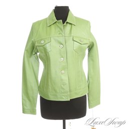 BRAND NEW WITH TAGS IN SUEDE KEY LIME GREEN PEARLESCENT GLAZED LEATHER TRUCKER JEAN JACKET L