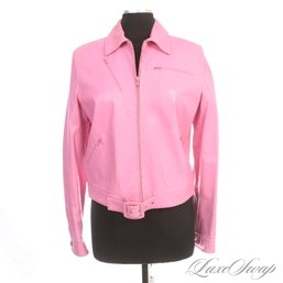 BRAND NEW WITH TAGS GIORGIOS PALM BEACH MADE IN ITALY BUBBLEGUM PINK NAPPA LEATHER ZIP MOTORCYCLE JACKET 10