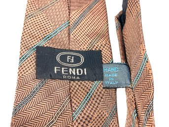 SUPER COLLECTIBLE & AUTHENTIC FENDI ROMA MADE IN ITALY BROWN STRIPE MULTIMEDIA TWILL PLAID PURE SILK TIE