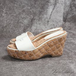 THE STARS OF THE SHOW! AUTHENTIC CHANEL MADE IN ITALY WHITE PATENT LEATHER AND CORK SOLE SANDALS