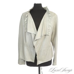 BRAND NEW WITH TAGS $500 SAKS FIFTH AVENUE MODERN DOVE GREY NAPPA LEATHER RUFFLED TRIM JACKET 12