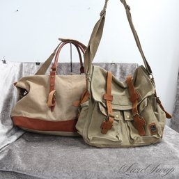 OUTDOORS PEOPLE CHECK THIS OUT! LOT X 2 GREAT KHAKI / GREEN PIQUE CANVAS / LEATHER TRIM MESSENGER BAG  DUFFLE