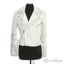 STUNNING AND BRAND NEW WITHOUT TAGS BELLE VERE PURE OPTIC WHITE LEATHER SILVER STUDDED MOTORCYCLE JACKET L