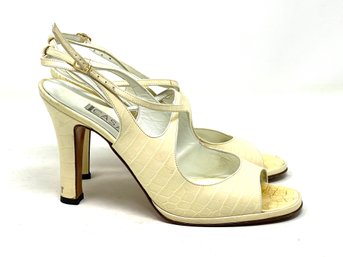 SUPER EXPENSIVE WOMENS CASADEI MADE IN ITALY WHITE ALLIGATOR EMBOSSED HEEL STRAP SHOES SIZE 39