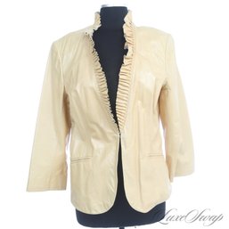 $700 PLUS NEAR MINT LAFAYETTE 148 KHAKI INFUSED LEMON NAPPA LEATHER RUFFLED TRIM HOOK CLASP JACKET 14