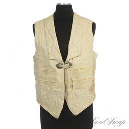 INCREDIBLY HIGH QUALITY BRAND NEW WITHOUT TAGS PIELES PITIE MADE IN SONORA MEXICO ECRU LEATHER WESTERN VEST 42