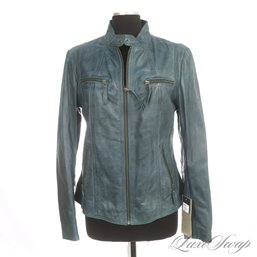 BRAND NEW WITHOUT TAGS PRATO DENIM BLUE ANTIQUED NAPPA LEATHER MOTORCYCLE CAFE JACKET 42 EU