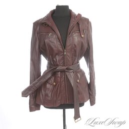 NEAR MINT PROBABLY BRAND NEW ANDREW MARC DEEP ROUGE BORDEAUX NAPPA LEATHER SELF BELTED COAT XL