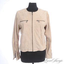 NEAR MINT POSSIBLY UNWORN BANANA REPUBLIC KHAKI TAN CHEVRE SUEDE COLLARLESS CAFE MOTORCYCLE JACKET L