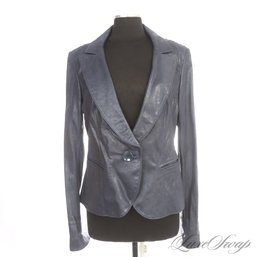 BRAND NEW WITH $898 PRICE TAG LAFAYETTE 148 PEARLESCENT FINISH SAPPHIRE LEATHER BLAZER JACKET 12