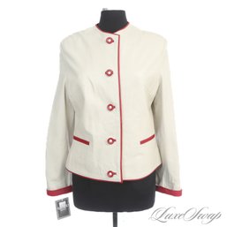 RIDICULOUSLY GOOD SARA CUIR FRENCH PEARL AND ROUGE TRIM NAPPA LEATHER COLLARLESS JACKET 46 EU