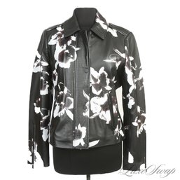 BRAND NEW W/O TAGS MODERN AND BEAUTIFUL NEIMAN MARCUS BLACK NAPPA LEATHER PAINTED FLORAL MOTORCYCLE JACKET L