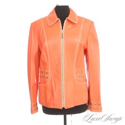 BRAND NEW WITH $1395 TAGS ST. JOHN APEROL TANGERINE ORANGE NAPPA LEATHER GROMMETED JACKET L