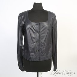 BRAND NEW WITHOUT TAGS ELIE TAHARI INDIGO NAVY NAPPA LEATHER TOPSTITCHED LIGHT PORTRAIT COLLAR JACKET L