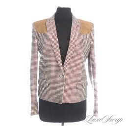 NEAR MINT AND REALLY COOL THE KOOPLES WHITE/RED SPARKLE CHECKED TWEED SUEDE PATCH WESTERN BLAZER JACKET 40