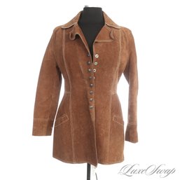 A VERY GOOD VINTAGE 1970S CHOCOLATE BROWN HEAVY SUEDE SNAP BUTTON 3/4 COAT  - AWESOME COLLAR! FITS ABOUT M