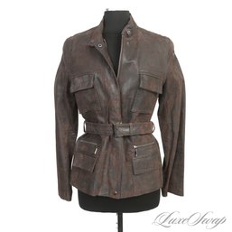 BRAND NEW WITHOUT TAGS SBT LA SABATERIA ANTIQUED VINTAGED CRACKLED BROWN LEATHER BELTED CAR COAT 42