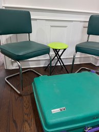 INSANE LOT OF VINTAGE MCM USA MADE GREEN CHAIRS, DELSEY MADE IN FRANCE LUGGAGE, GREEN PLASTIC FOLDING TABLE