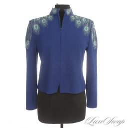 THIS.... IS EXCEPTIONAL! VINTAGE ST. JOHN HIGHLY ORNATE ROYAL BLUE GLITTER TINSEL THREAD PEACOCK JACKET 8