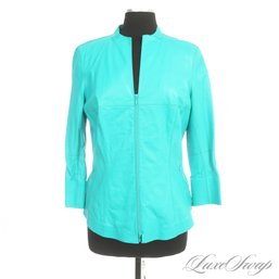 BRAND NEW WITH $898 TAGS LAFAYETTE 148 SPLASH AQUA TURQUOISE CARIBBEAN NAPPA LEATHER UNSTRUCTURED JACKET 12