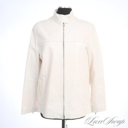 LATE SUMMER STRIKER! FABIANI PEARLESCENT GLAZED CHALK WHITE LEATHER JACKET W/SIDE ZIPS FOR BIG HIPS! 42