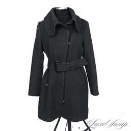 SUPER EXPENSIVE SOIA & KYO CANADA CHARCOAL GREY THICK FLANNEL TWEED BELTED COAT L