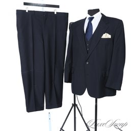 TIMELESS AND ELEGANT VINTAGE 1970S 80S MENS BARRISTER FOR WALLACHS SOLID NAVY BLUE 3 PIECE SUIT 48 US