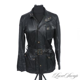 MEGA EXPENSIVE AND NEAR MINT REISS RECENT BLACK NAPPA LEATHER BELTED LONG MOTORCYCLE COAT S