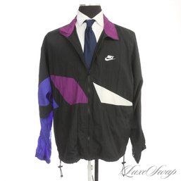 PRETTY GREAT VINTAGE NIKE 1990S MENS BLACK / PURPLE / ROYAL  PEARL DRAWSTRING HEM WIND JACKET XL