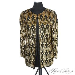 THE BRIGHTEST SEQUINS! SUPER FABULOUS VINTAGE 1980S ROYAL FEELINGS BLACK SILK JACKET WITH GOLD GOLD SEQUINS PM