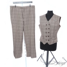 VERY COOL VINTAGE 1960S 1970S WOMENS BROWN GLEN PLAID TWEED 2 PIECE VEST AND PANTS ENSEMBLE WITH CRYSTAL PIN