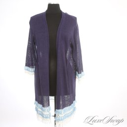 BRAND NEW WITH TAGS $295 ROLLER RABBIT AMETHYST PURPLE / WHITE BLUE FRINGED TRIM KNITTED LONG CARDIGAN OSF