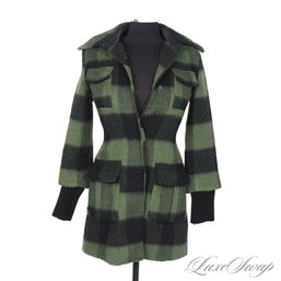 GORGEOUS ALICE AND OLIVIA BLACK AND FOREST GREEN GRADIENT PLAID SHAGGY TWEED LONG COAT XS