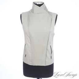 NEAR MINT AND SPRING READY VINCE PALE SAND LINEN BLEND AND NAPPA LEATHER MOTORCYLE VEST M