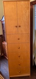AN INCREDIBLE AND HIGH QUALITY VERY TALL VINTAGE BLONDE WOOD CABINET WITH DRAWERS