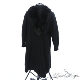 SO DECADENT! VINTAGE 1960S WOVEN IN FRANCE MONTAGNAC BLACK HEAVY FLANNEL GENUINE FUR COLLAR LONG COAT