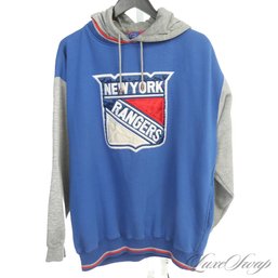 VINTAGE 1990S STARTER MENS NEW YORK RANGERS HOCKEY GREY AND BLUE COLORBLOCK HOODIE SWEATSHIRT L