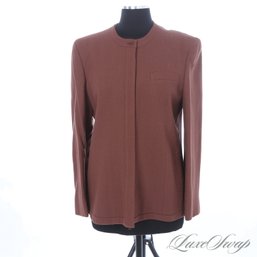 RICH MINIMALISM! VINTAGE WOMENS COFFEE BROWN DRY CREPE COVERED PLACKET COLLARLESS JACKET 16