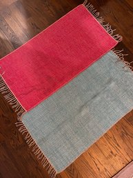 LOT OF 2 ORNATE RED AND BLUE TWEED FRINGED FLOOR RUGS