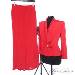 HIGH IMPACT AND $700 PLUS ESCADA BLACK LABEL RUBY RED MICROFAILLE SELF BELTED JACKET / SKIRT SUIT 36 EU